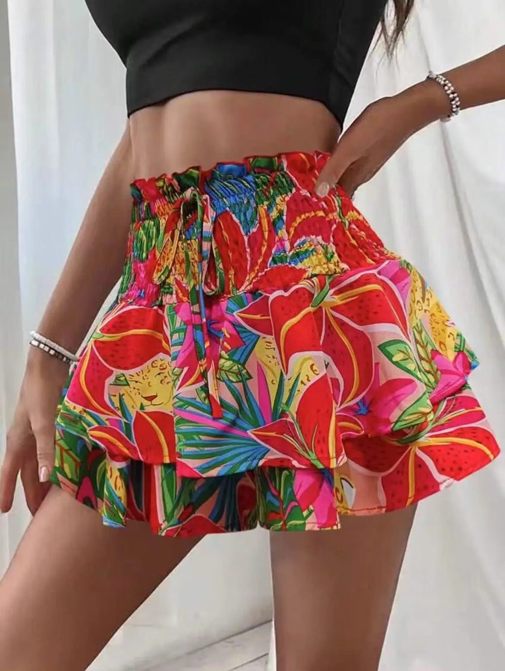 Fashion Florals Mini Skirt for Women Summer Casual Waist Shaping Ruffled Hem Short Skirt Woman Drawstring Wide Leg Half Skirts