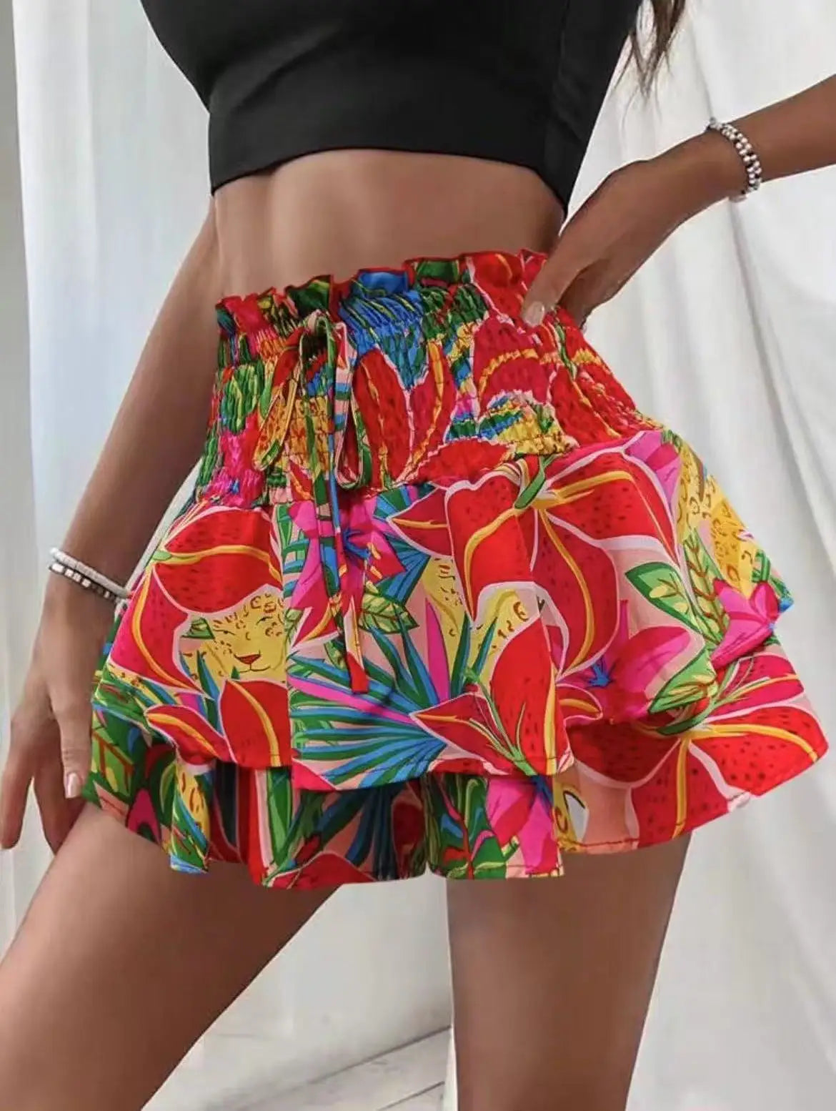 Fashion Florals Mini Skirt for Women Summer Casual Waist Shaping Ruffled Hem Short Skirt Woman Drawstring Wide Leg Half Skirts