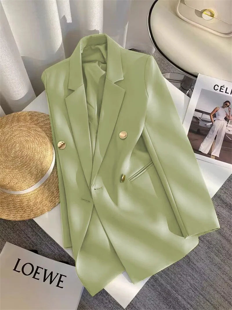 Women's Elegant Metal Buckle White Suit Jacket Casual Office Lady Blazer High-end Feel Western-style Clothes Spring Autumn 2025