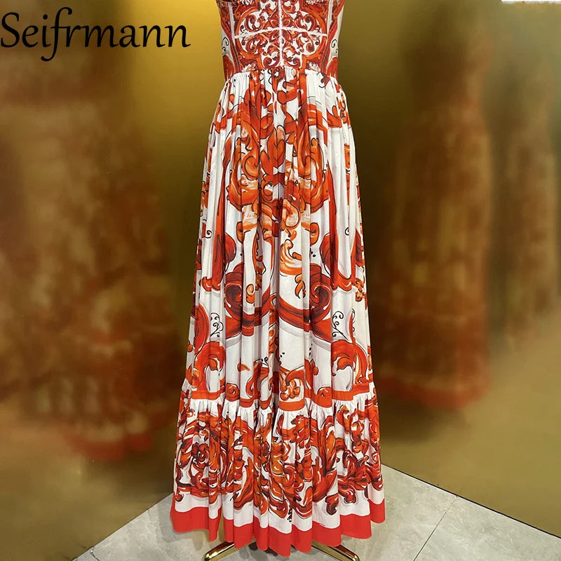 Seifrmann Summer Women's clothing New Fashionable Suspenders Cotton Printed Waist cinching Long Dress