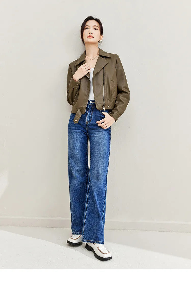 SENTUBILA Cropped Pu Leather Bomber Jacket Women 2026 Autumn Winter Vintage Lapel Zip Up Faux Leather Jacket Motorcycle Coats