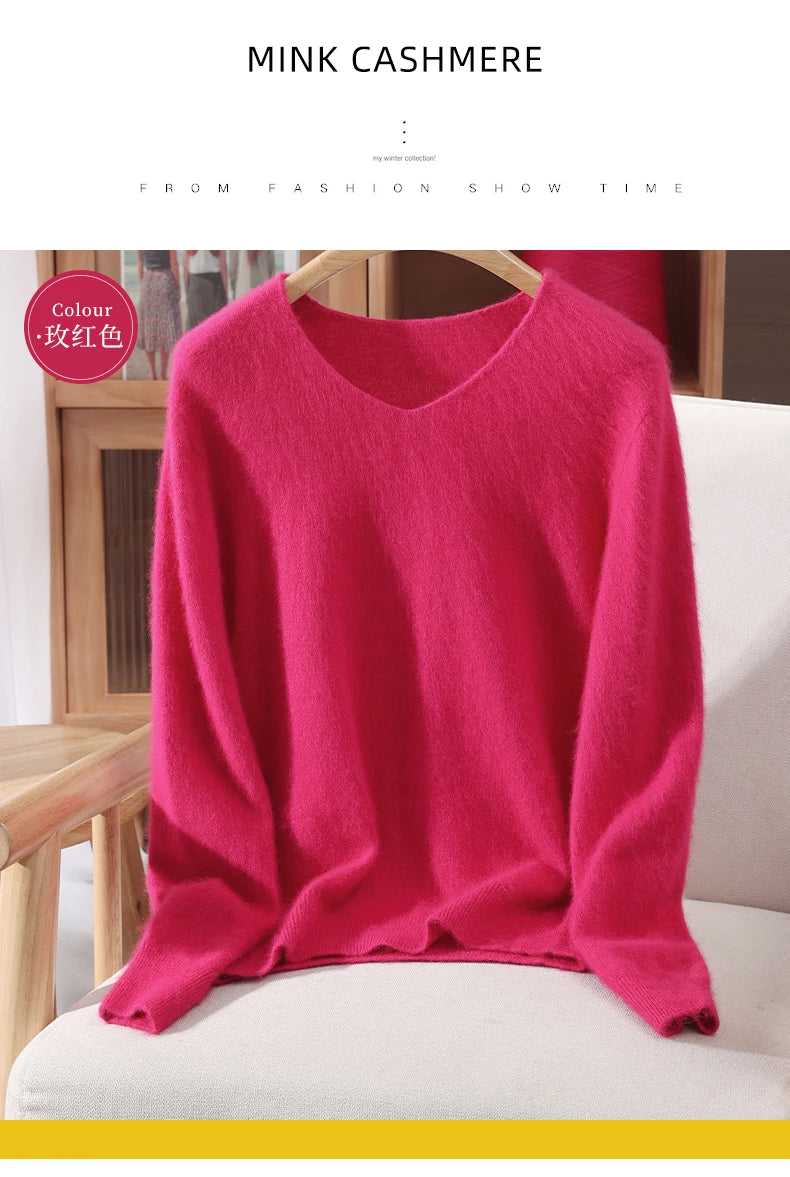 Fall/Winter New Fashion Mink Cashmere Sweater Women's Knitted V-neck Long-Sleeved Slim Bottoming Coat