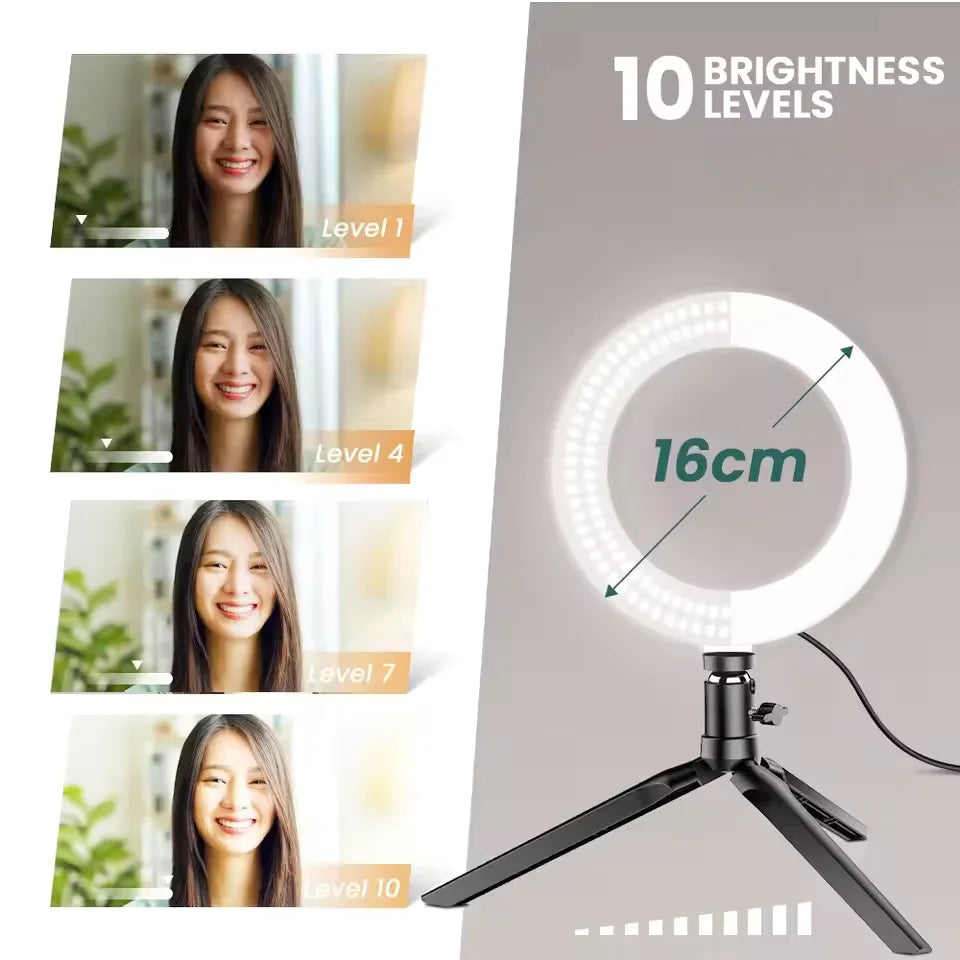 Desk Ring Fill Light 16cm Dimmable LED Ring Light with Tripod Stand Angle Adjustable USB Interface for Video Live Stream Makeup