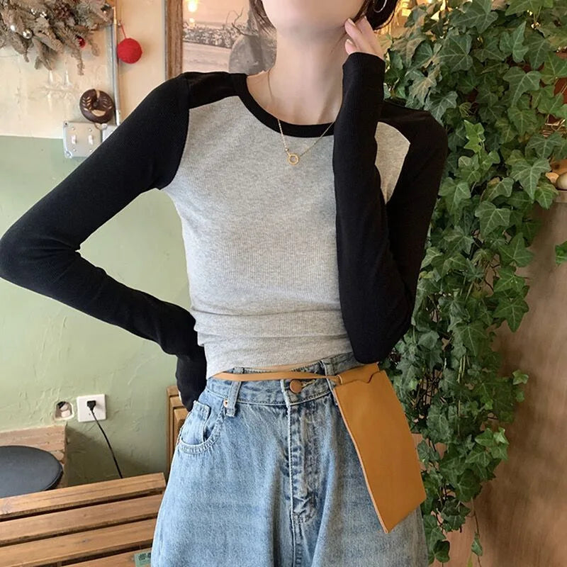 Ribbed Long Sleeve T-Shirt Women's Spring Autumn Thin Style Raglan Sleeve Slim Fit Round Neck Fashionable Underwear Top Wear
