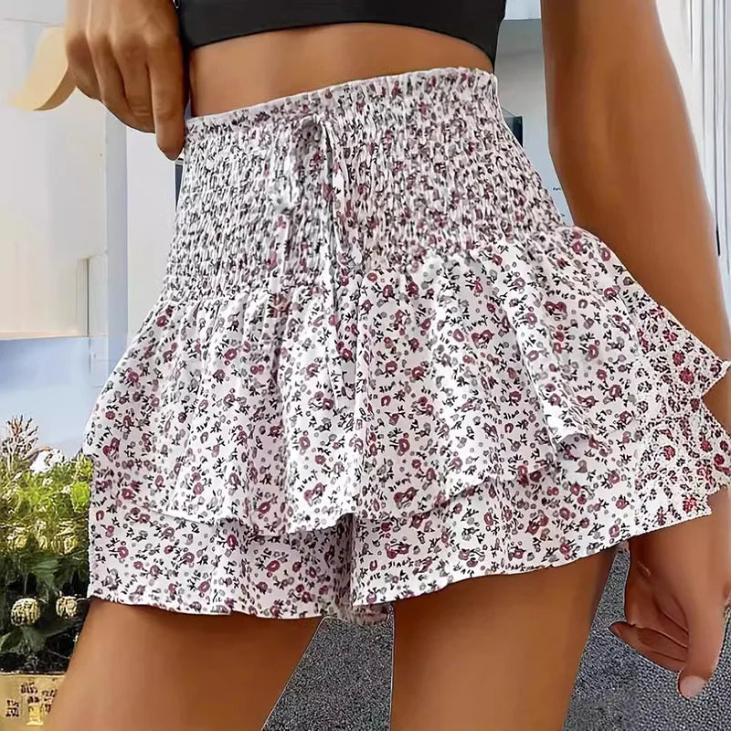 Fashion Florals Mini Skirt for Women Summer Casual Waist Shaping Ruffled Hem Short Skirt Woman Drawstring Wide Leg Half Skirts
