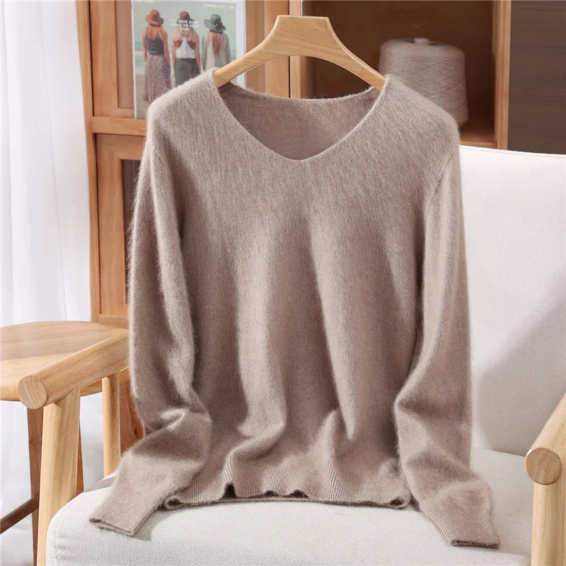 Fall/Winter New Fashion Mink Cashmere Sweater Women's Knitted V-neck Long-Sleeved Slim Bottoming Coat