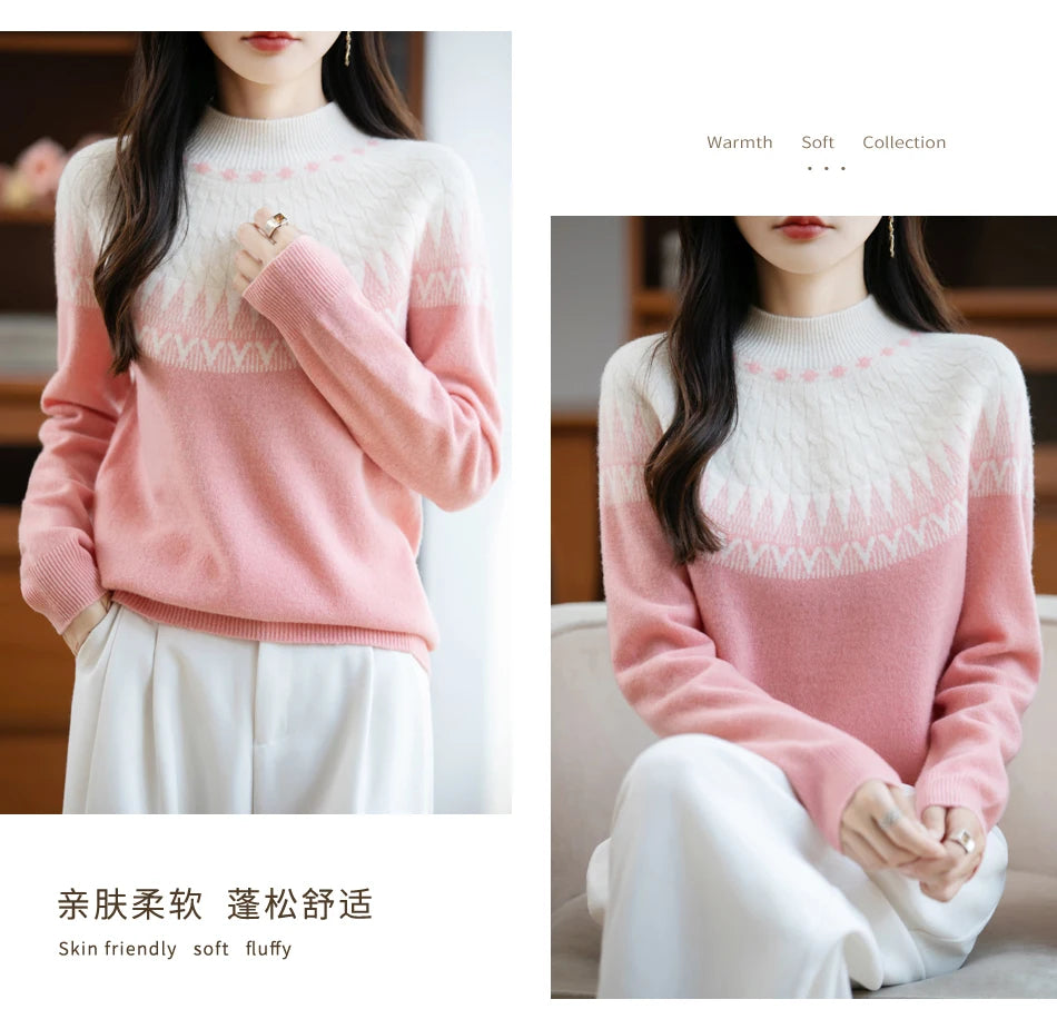 Autumn/Winter New Half High Neck Sweater 100% Wool Knitted Vintage Loose Fit Christmas Red Sweaters Chic Streetwear for Women
