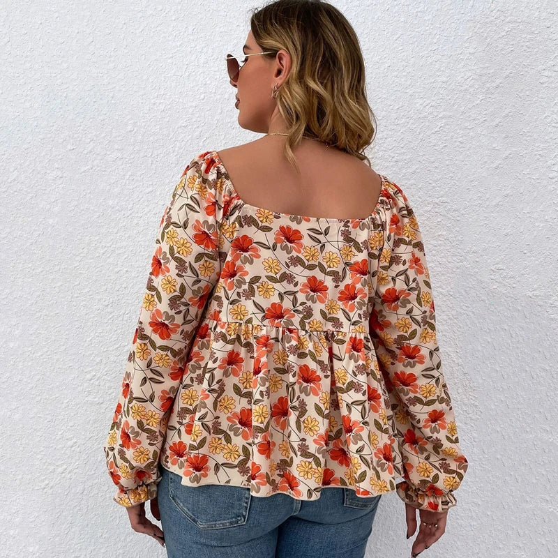 Plus Size Floral Print Square Neck Summer Spring Elegant Peplum Blouse Women Lantern Sleeve Casual Blouse Female Large Size 6XL