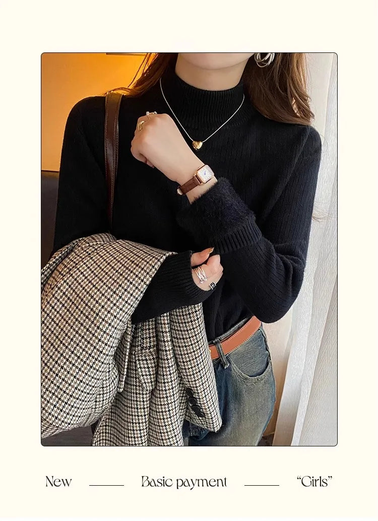 Sweater For Women Winter Thicken Turtleneck Slim Knit Pullover New Warm Plush Velvet Lined Knitwear Jumper Tops Casual Poleras
