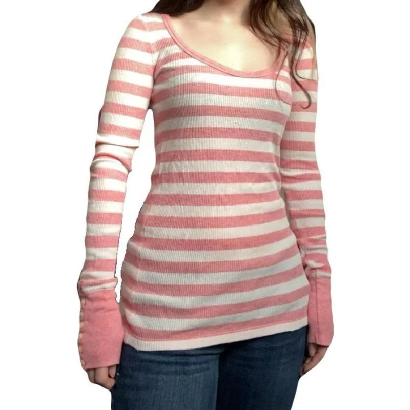 Women Y2K Harajuku Striped Tees Shirt Retro Aesthetic 90s E Girls Grunge Gothic Knitted Casual Fashion Long Sleeve Tops ﻿Street