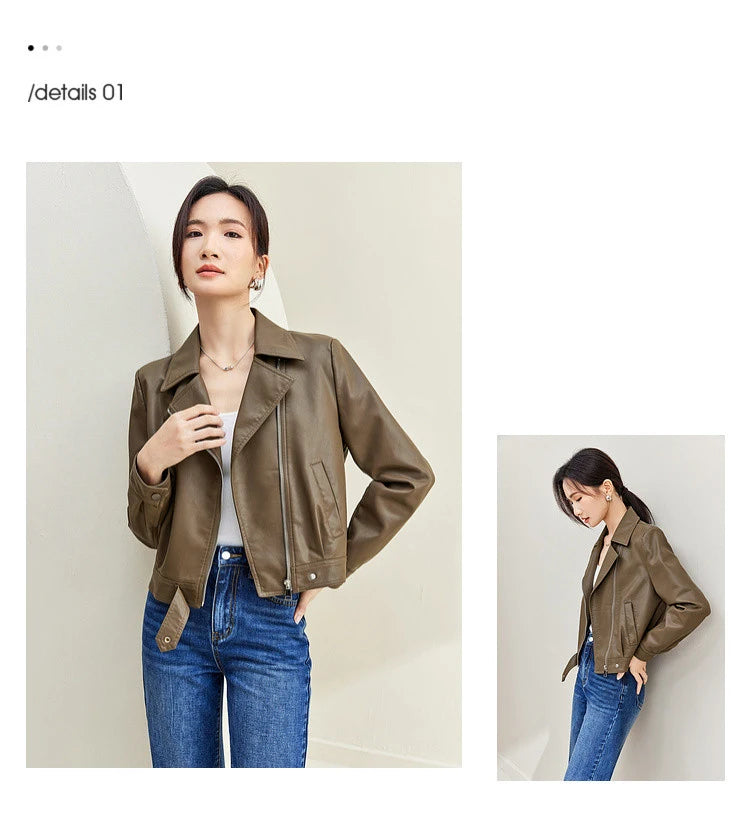 SENTUBILA Cropped Pu Leather Bomber Jacket Women 2026 Autumn Winter Vintage Lapel Zip Up Faux Leather Jacket Motorcycle Coats