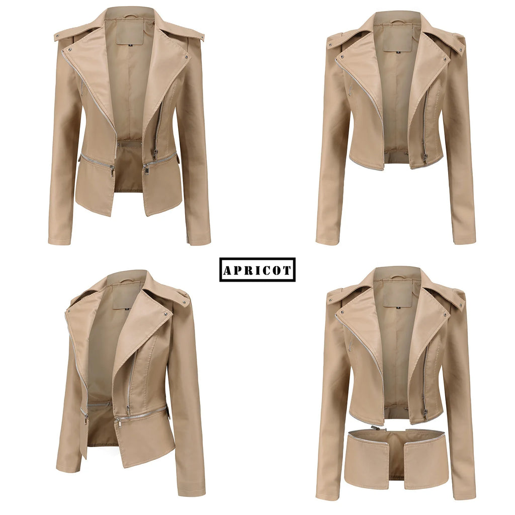 Women Faux Leather Coat Turn Down Collar Full Sleeve Jackets Zipper Casual Splice Coats Short Jacket Sexy Slim Fit Autumn