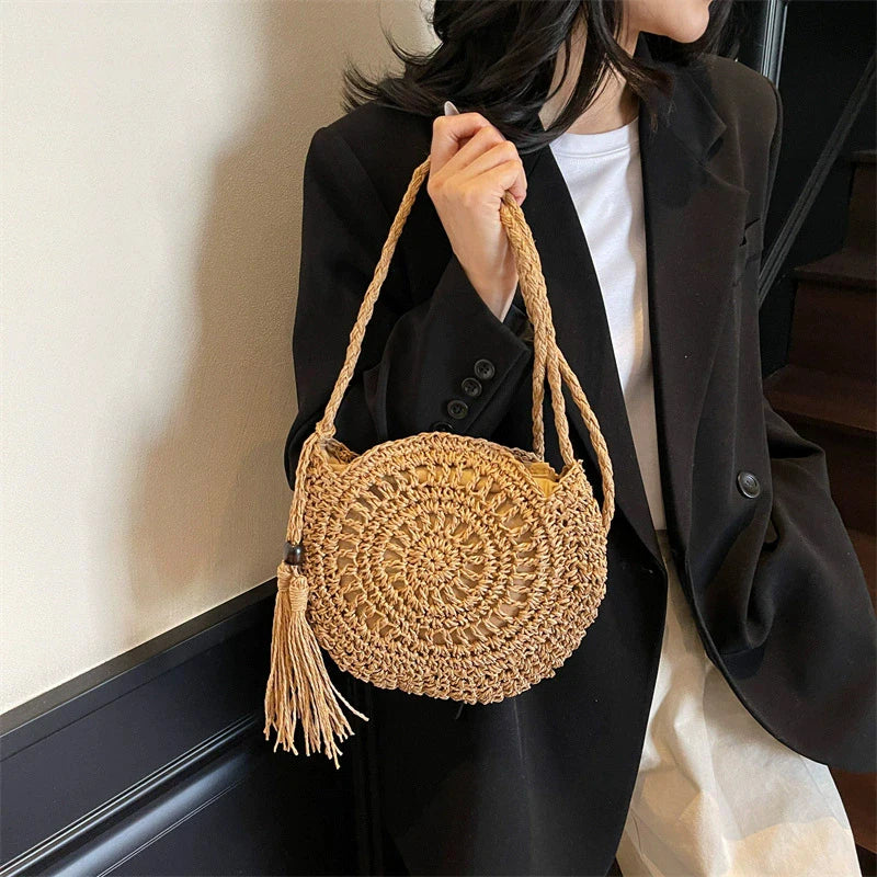 Handmade Knitting Women's Bags Tassel Crossbody Shoulder Handmade Knitting Bags Crochet Round Straw Bag Women's Bag Beach Bags