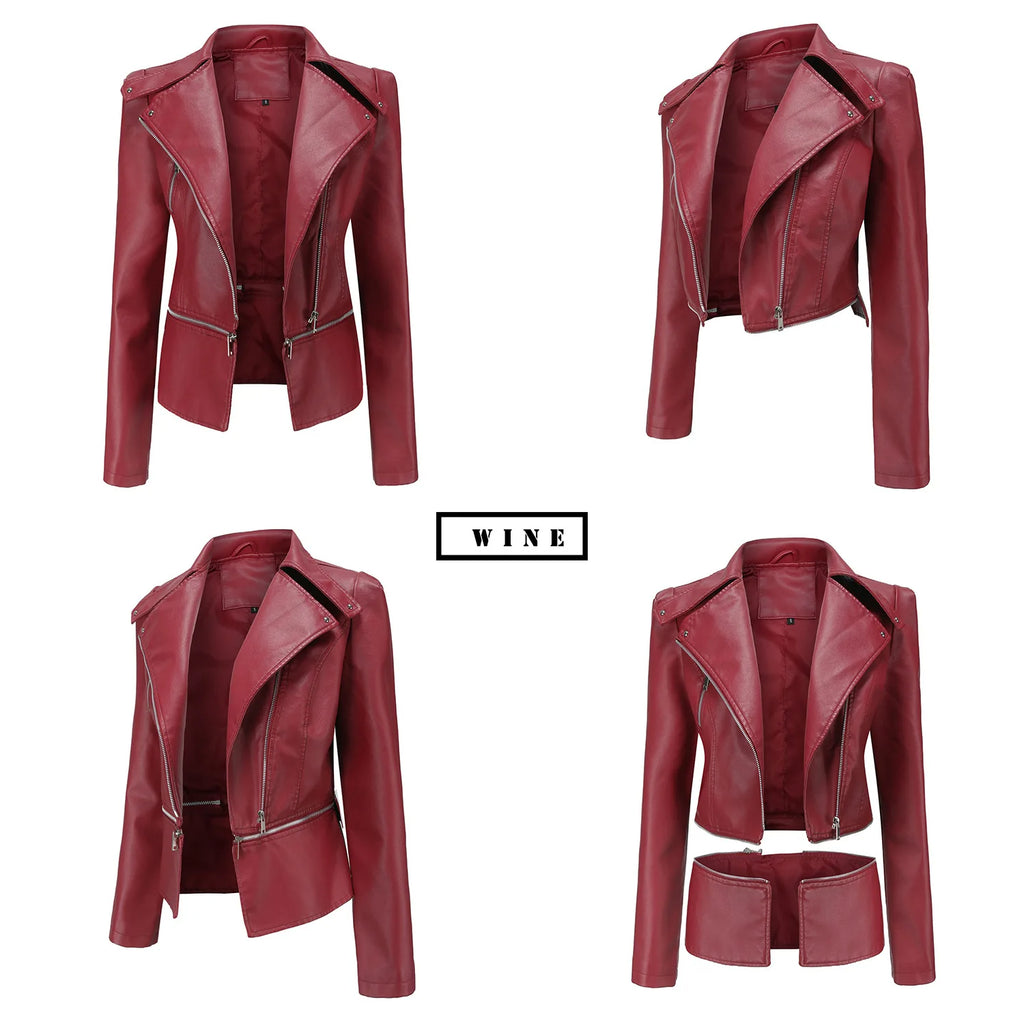 Women Faux Leather Coat Turn Down Collar Full Sleeve Jackets Zipper Casual Splice Coats Short Jacket Sexy Slim Fit Autumn