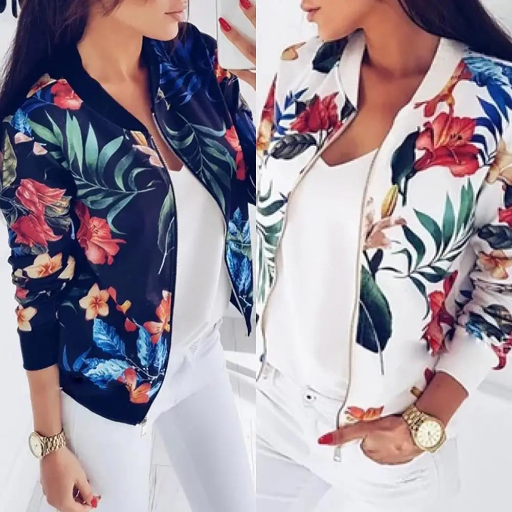 Women Jacket Elegant Flower Leaves Print Sports Women Long Sleeve Baseball Jacket Zip Coat Autumn BomberJackets Women Clothing