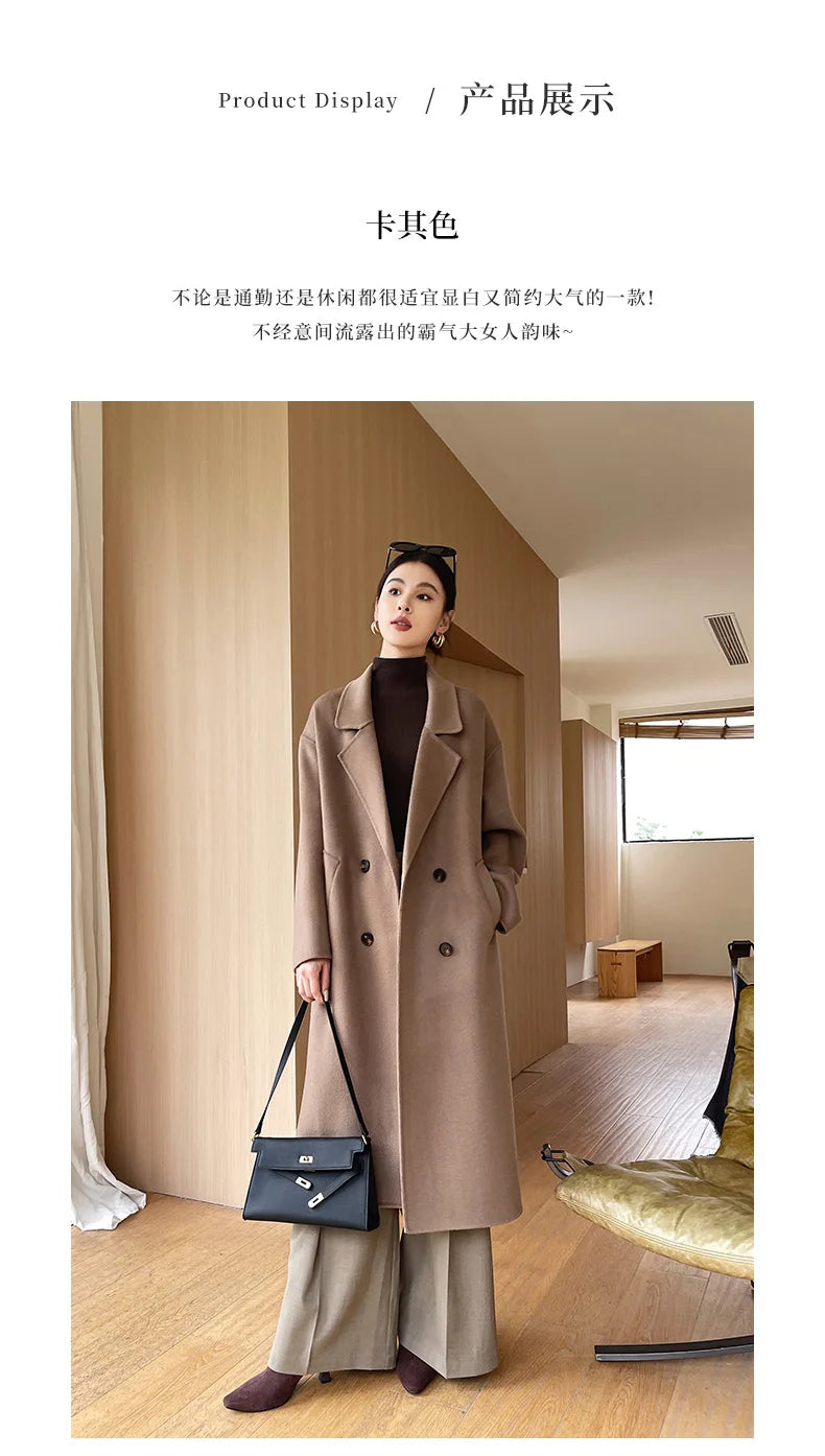 Notch Lapel Wool Coat Drop-Shoulder Women 100% Wool Loose Overcoat Double-Layers Autumn Winter Long Jacket Thick Trench Coat #24
