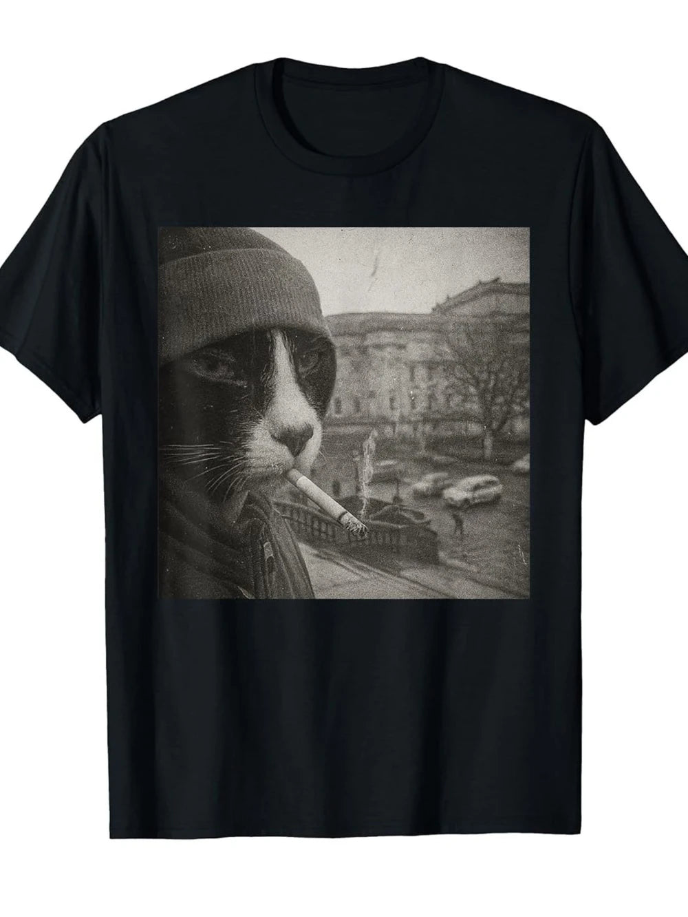 Men'S Round Neck Print Short Sleeve T-Shirt Featuring A Humorous Smoking Cat Meme Design Perfect for Casual Outings