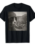 Men'S Round Neck Print Short Sleeve T-Shirt Featuring A Humorous Smoking Cat Meme Design Perfect for Casual Outings