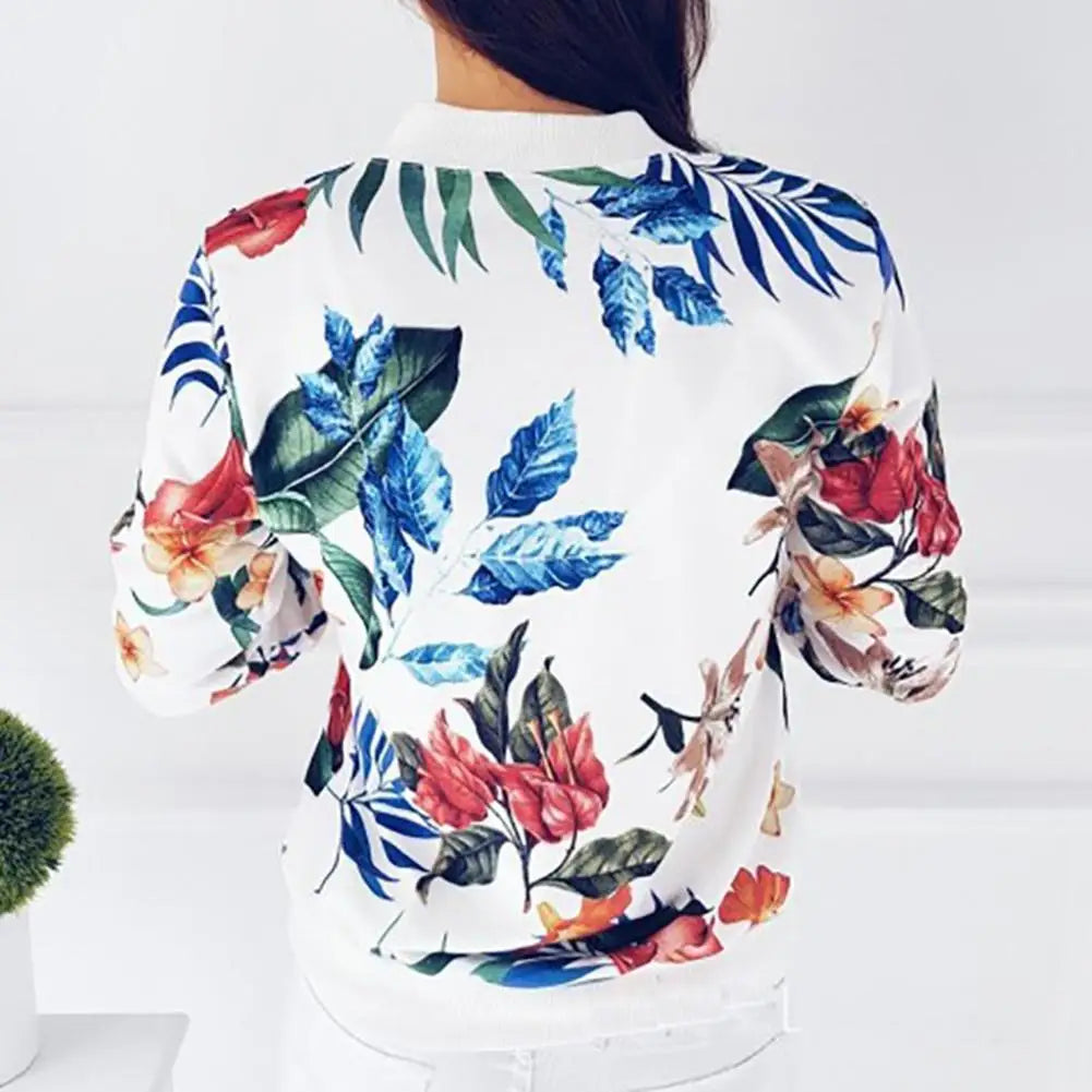 Women Jacket Elegant Flower Leaves Print Sports Women Long Sleeve Baseball Jacket Zip Coat Autumn BomberJackets Women Clothing