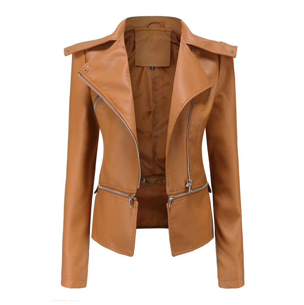 Women Faux Leather Coat Turn Down Collar Full Sleeve Jackets Zipper Casual Splice Coats Short Jacket Sexy Slim Fit Autumn