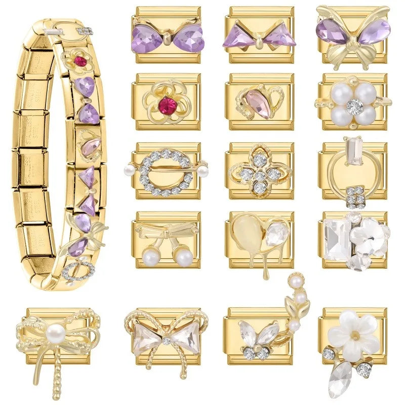 Premium Gold Color Zircon Bowknot Italian Charm Bracelet Stainless Steel Elastic Bracelet Link Bangle DIY Women Men Jewelry Gift