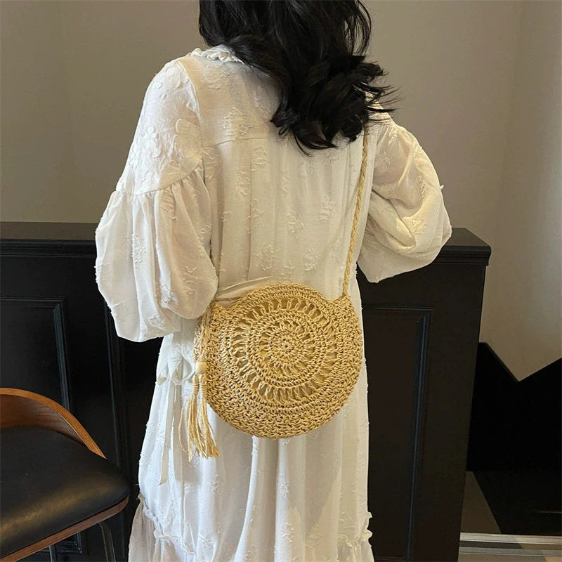 Handmade Knitting Women's Bags Tassel Crossbody Shoulder Handmade Knitting Bags Crochet Round Straw Bag Women's Bag Beach Bags