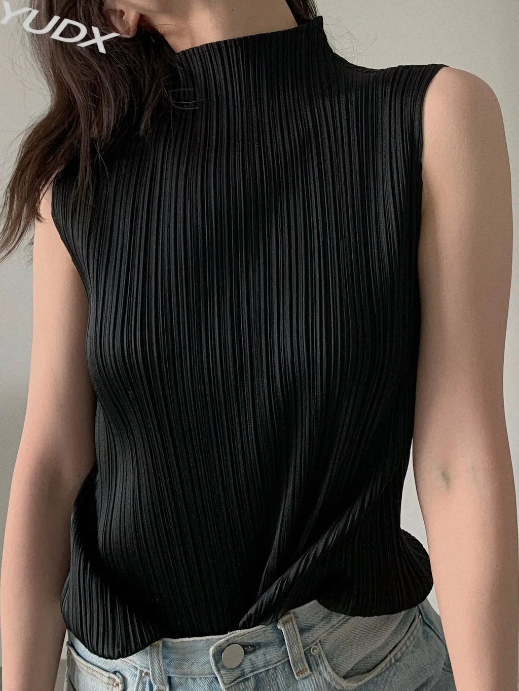 Miyake Pleated Elegant Fashion Temperament Solid Color Half High Neck Sleeveless Women's Vest 2026 Summer New Breathable Top