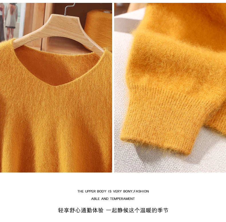 Fall/Winter New Fashion Mink Cashmere Sweater Women's Knitted V-neck Long-Sleeved Slim Bottoming Coat