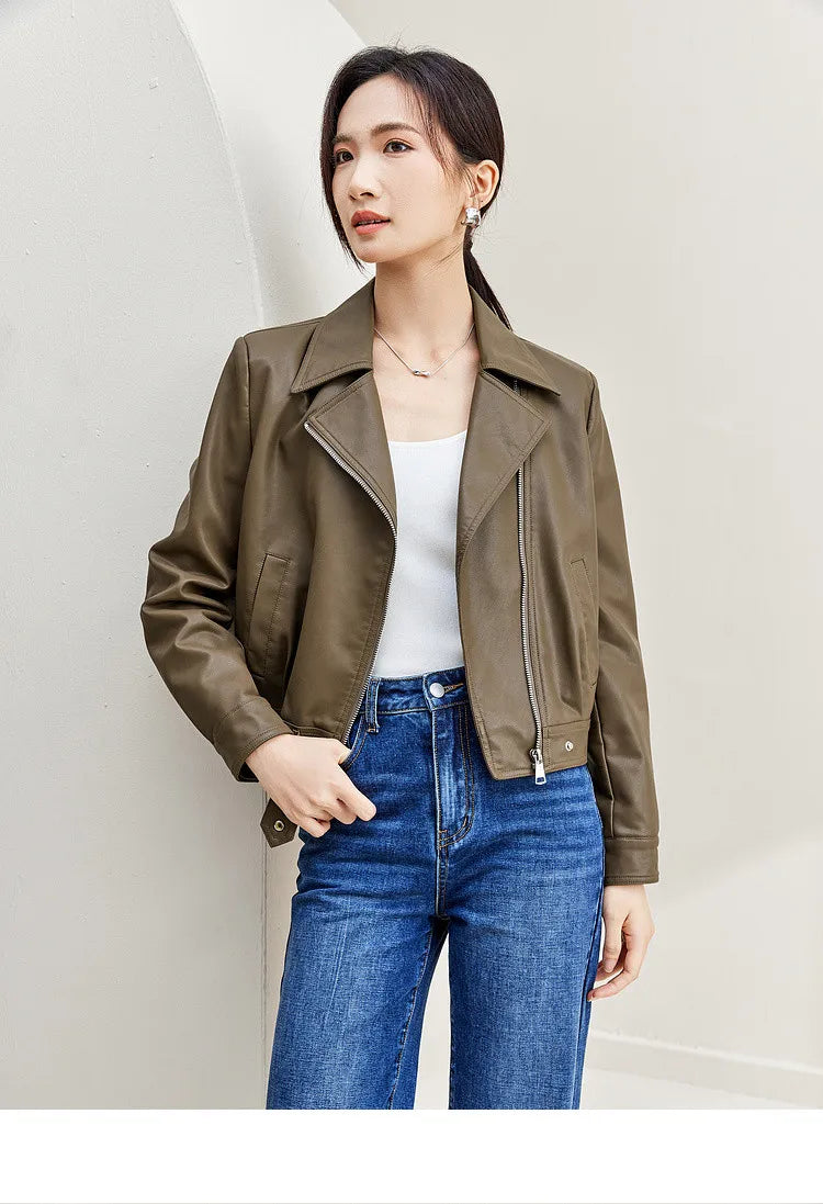 SENTUBILA Cropped Pu Leather Bomber Jacket Women 2026 Autumn Winter Vintage Lapel Zip Up Faux Leather Jacket Motorcycle Coats