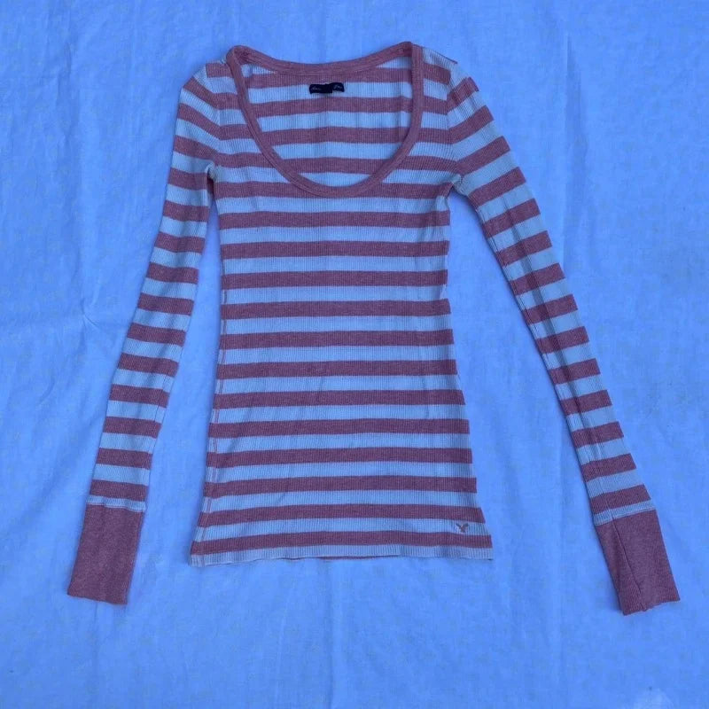 Women Y2K Harajuku Striped Tees Shirt Retro Aesthetic 90s E Girls Grunge Gothic Knitted Casual Fashion Long Sleeve Tops ﻿Street