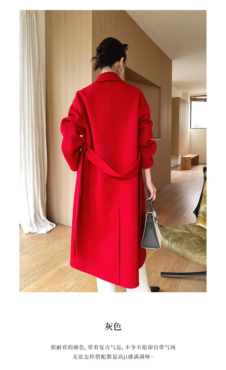 Notch Lapel Wool Coat Drop-Shoulder Women 100% Wool Loose Overcoat Double-Layers Autumn Winter Long Jacket Thick Trench Coat #24