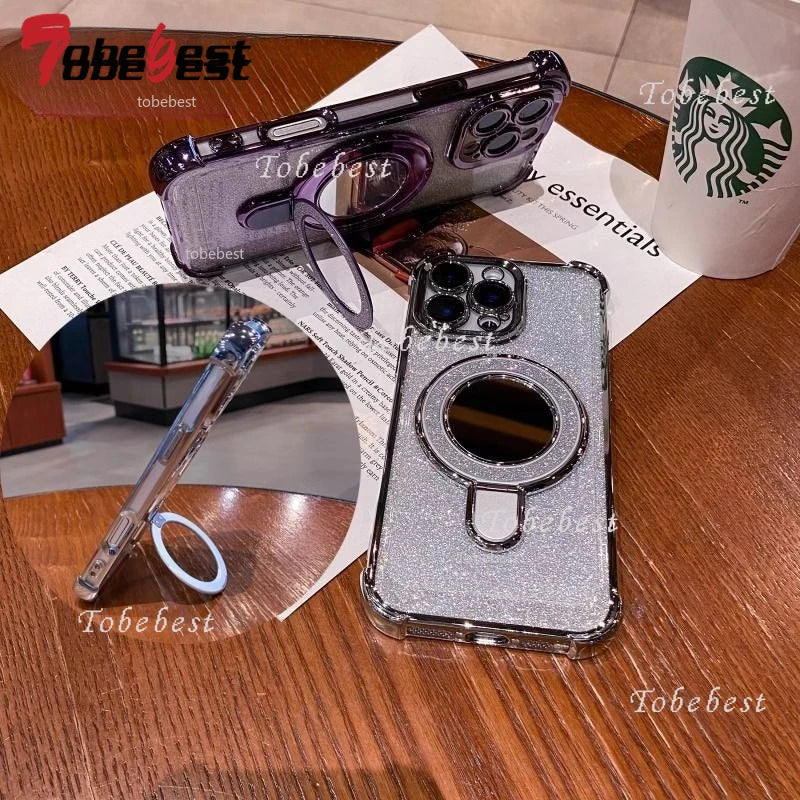 For Huawei Honor Magic 7 Lite 6 5 4 3 Pro Case Glitter Plating Makeup mirror Magnetic Phone Holder Bracelet Cover