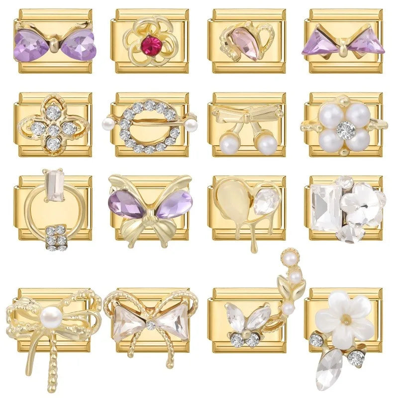 Premium Gold Color Zircon Bowknot Italian Charm Bracelet Stainless Steel Elastic Bracelet Link Bangle DIY Women Men Jewelry Gift