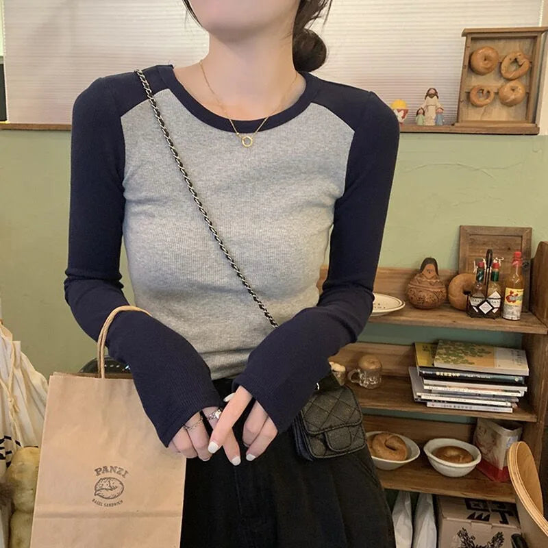 Ribbed Long Sleeve T-Shirt Women's Spring Autumn Thin Style Raglan Sleeve Slim Fit Round Neck Fashionable Underwear Top Wear