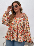Plus Size Floral Print Square Neck Summer Spring Elegant Peplum Blouse Women Lantern Sleeve Casual Blouse Female Large Size 6XL