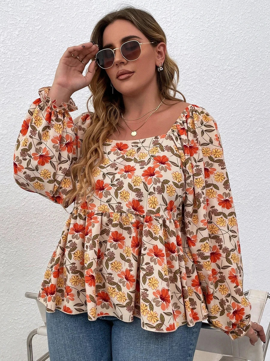 Plus Size Floral Print Square Neck Summer Spring Elegant Peplum Blouse Women Lantern Sleeve Casual Blouse Female Large Size 6XL