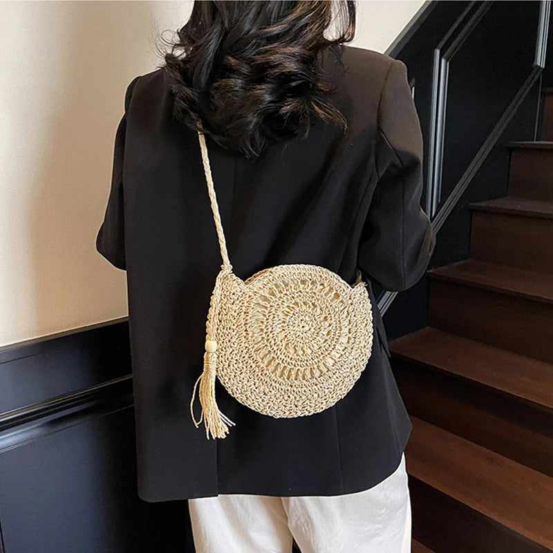 Handmade Knitting Women's Bags Tassel Crossbody Shoulder Handmade Knitting Bags Crochet Round Straw Bag Women's Bag Beach Bags