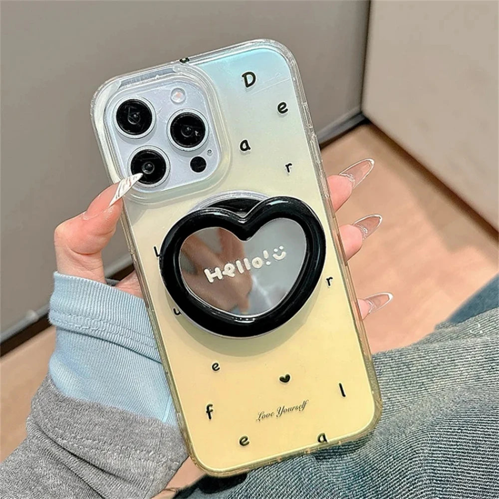 Korean Cute 3D Love Heart Makeup Mirror for Magsafe Griptok Holder Phone Finger Ring Stand Support for IPhone 17 16 Girl Bracket