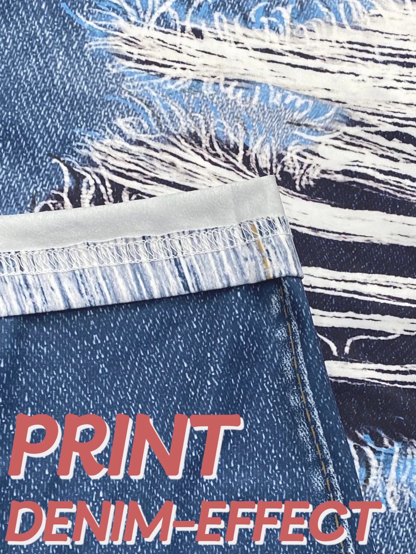 Plus-Size Women's Tight-Fitting Leggings with Faux Denim Print and Ripped Patterns, High-Elasticity Sports Pants, Comfortable, Casual, and Stylish Knit Long Pants
