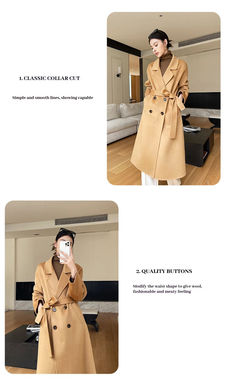 Notch Lapel Wool Coat Drop-Shoulder Women 100% Wool Loose Overcoat Double-Layers Autumn Winter Long Jacket Thick Trench Coat #24