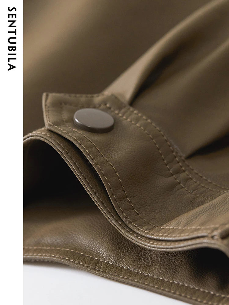 SENTUBILA Cropped Pu Leather Bomber Jacket Women 2026 Autumn Winter Vintage Lapel Zip Up Faux Leather Jacket Motorcycle Coats