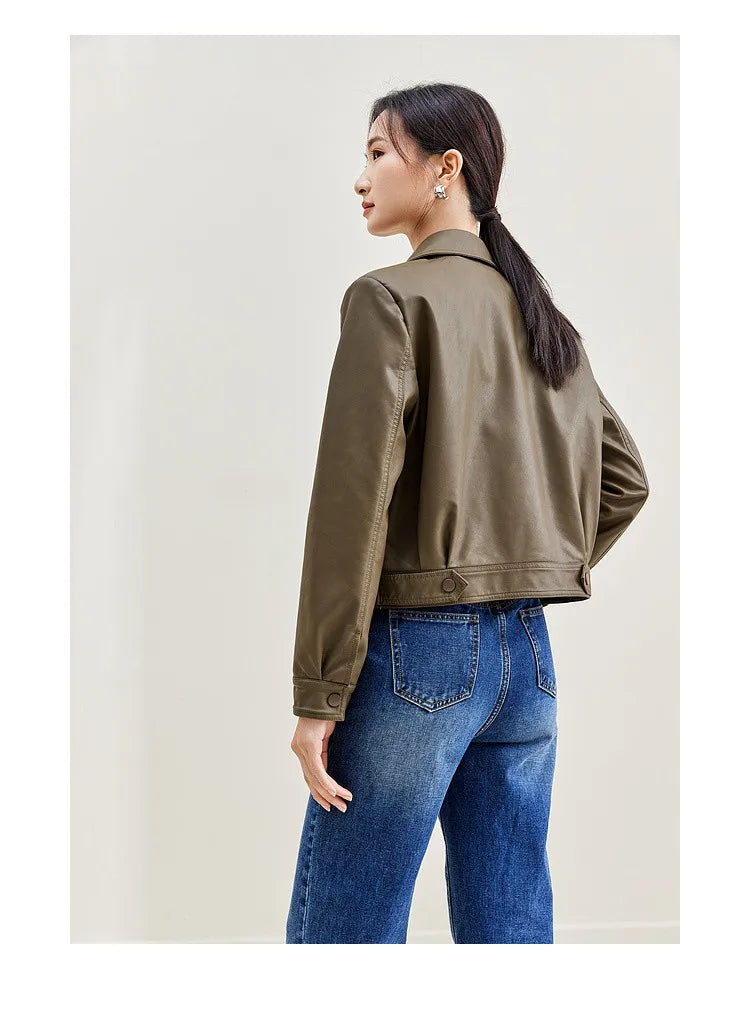 SENTUBILA Cropped Pu Leather Bomber Jacket Women 2026 Autumn Winter Vintage Lapel Zip Up Faux Leather Jacket Motorcycle Coats