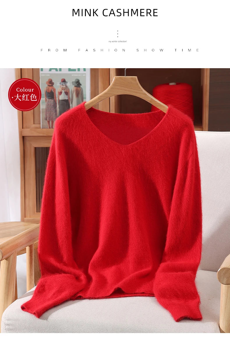 Fall/Winter New Fashion Mink Cashmere Sweater Women's Knitted V-neck Long-Sleeved Slim Bottoming Coat
