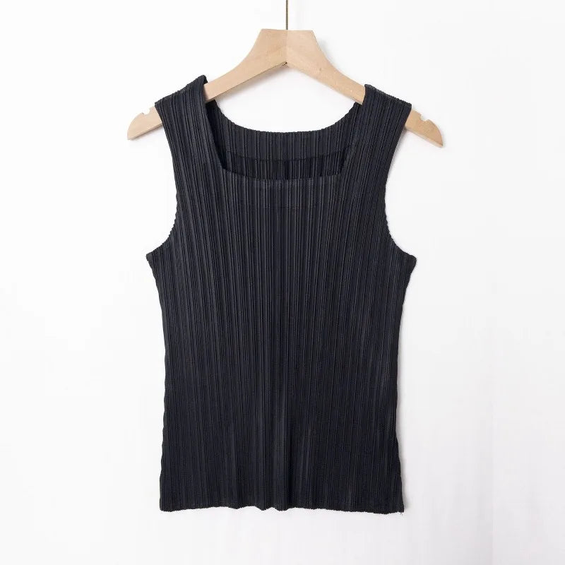 Miyake Pleated Vest 2026 Summer New Sleeveless T-Shirt Simple Fashion Elegant Casual Base Shirt Women's Lightweight Stretch Top