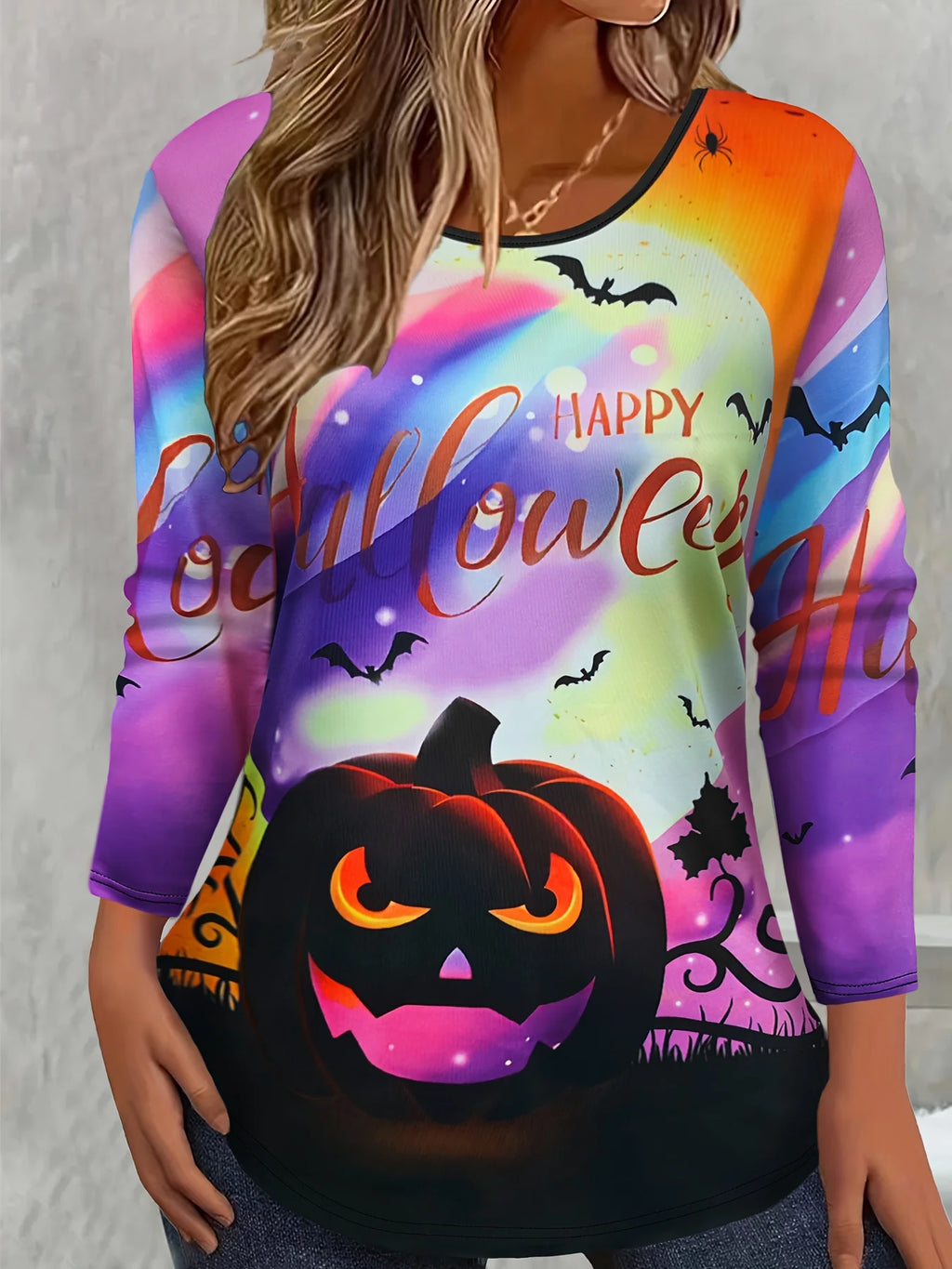 Halloween Women Sweatshirt Designer Round Neck Long Sleeve Loose Casual Autumn Gradient Spider Web Fun Pattern Print Tops