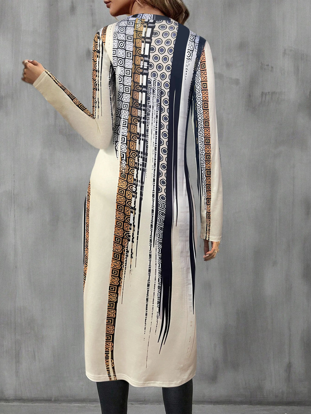 Women's Ethnic Print Long - Sleeve T - Shirt, Irregular Hem, Artistic Patterned Top, Casual Loose Fit, Unique Fashion for Daily
