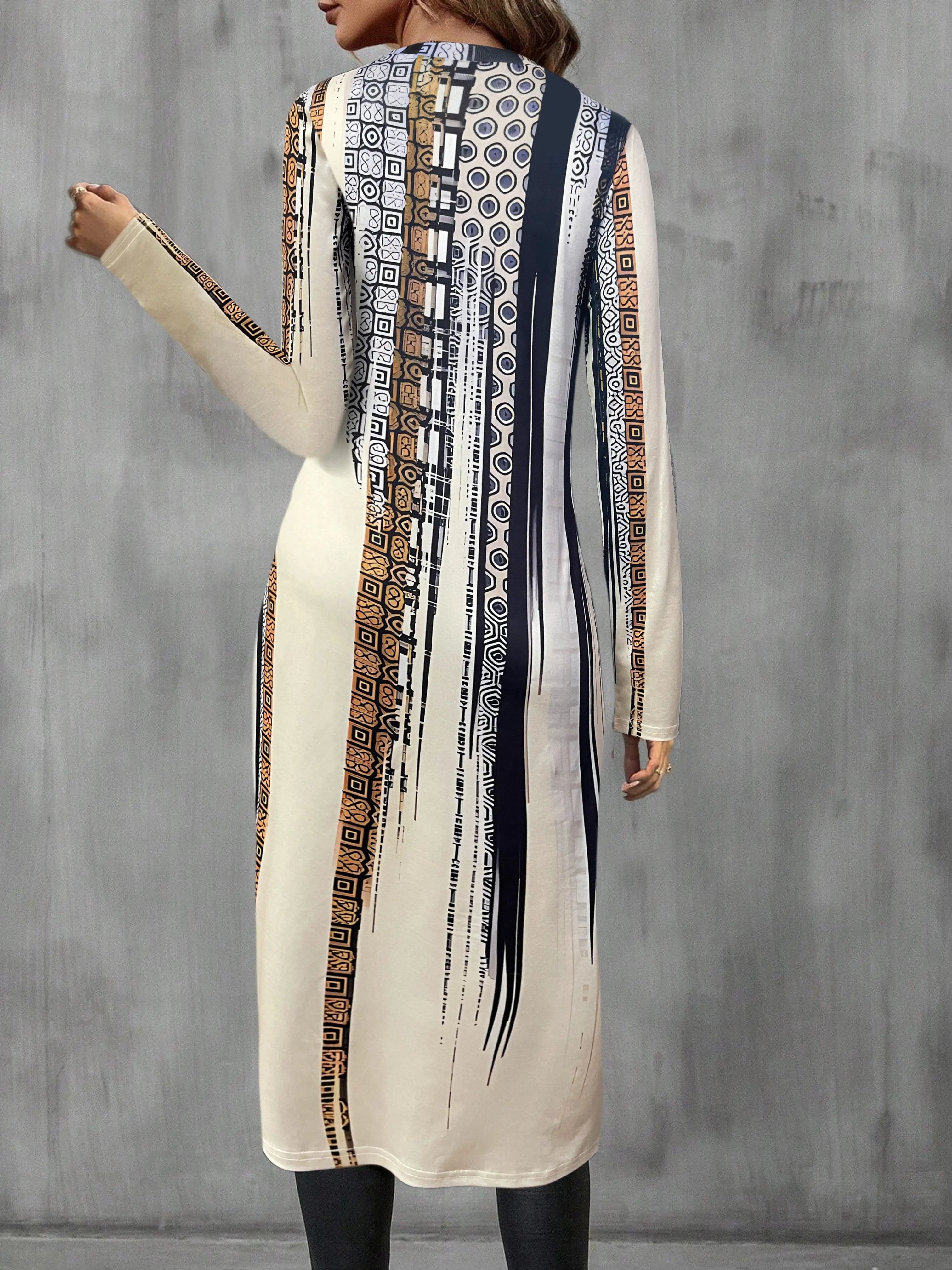 Women's Ethnic Print Long - Sleeve T - Shirt, Irregular Hem, Artistic Patterned Top, Casual Loose Fit, Unique Fashion for Daily