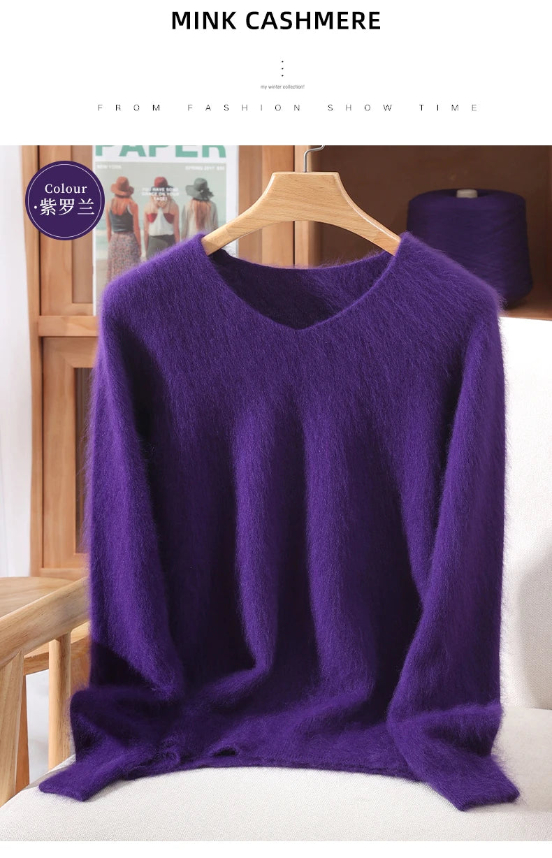 Fall/Winter New Fashion Mink Cashmere Sweater Women's Knitted V-neck Long-Sleeved Slim Bottoming Coat