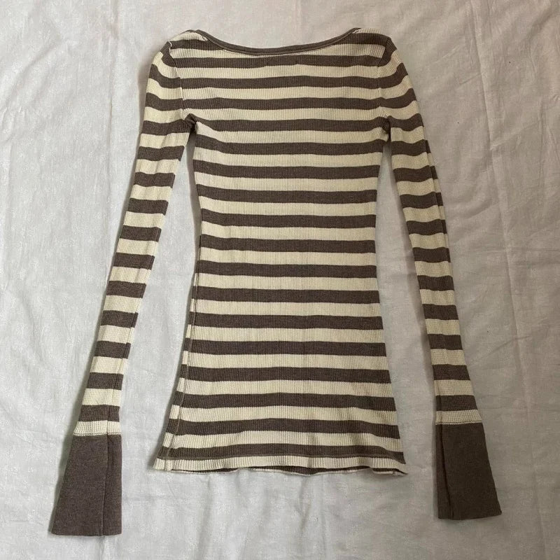 Women Y2K Harajuku Striped Tees Shirt Retro Aesthetic 90s E Girls Grunge Gothic Knitted Casual Fashion Long Sleeve Tops ﻿Street