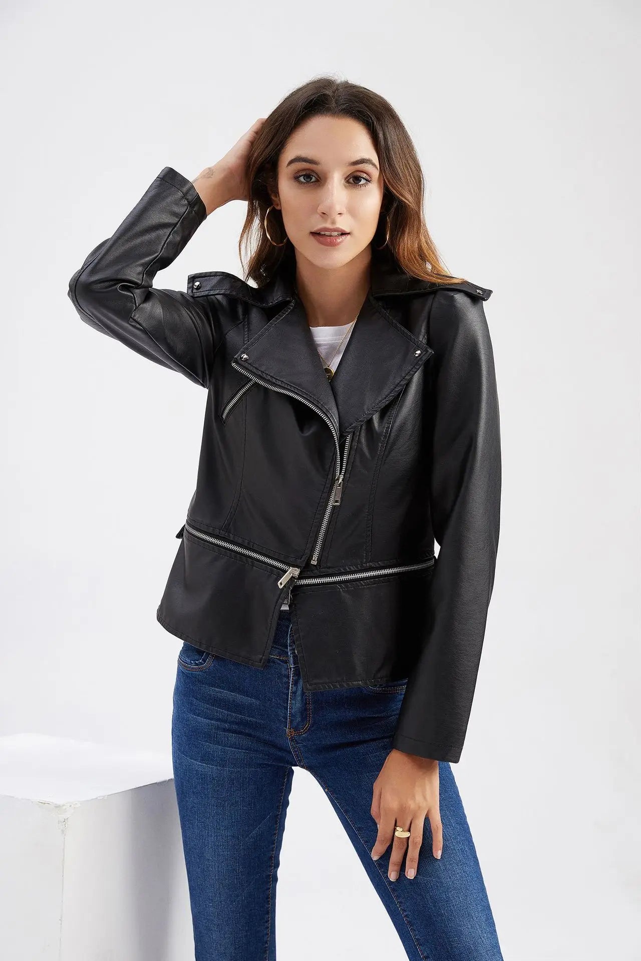 Women Faux Leather Coat Turn Down Collar Full Sleeve Jackets Zipper Casual Splice Coats Short Jacket Sexy Slim Fit Autumn